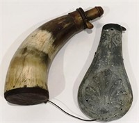 STAG HORN POWDER HORN AND POWDER FLASK (AS IS)