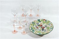 Pink Stemware Wine Glasses & Hand Painted Bowl