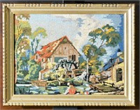 FRAMED NEEDLEPOINT SCENE OF A FARM HOUSE