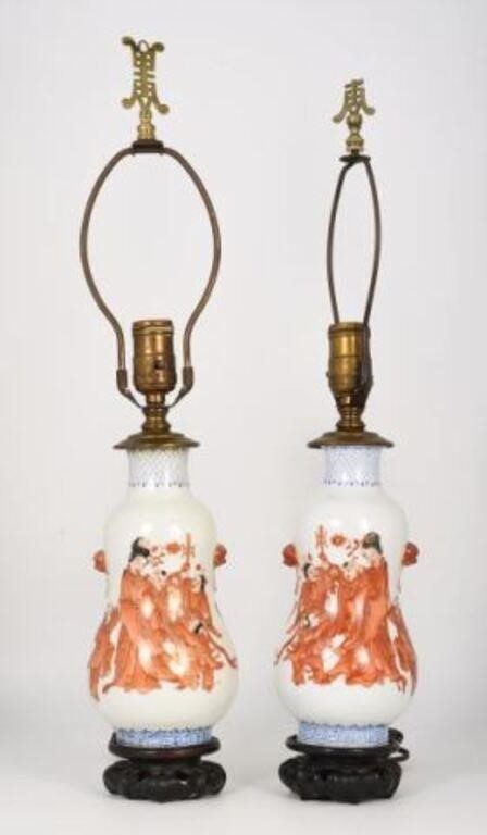 Pair of Old Hand-Painted Porcelain Chinese Lamps.