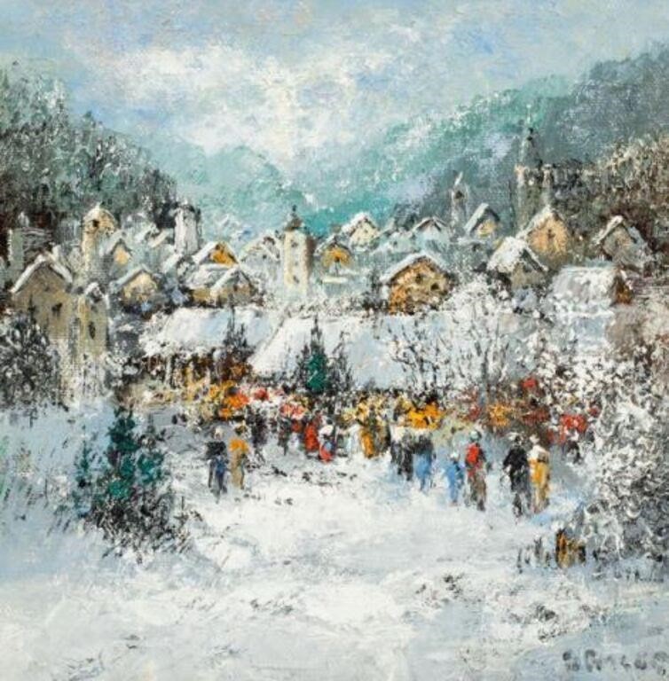 Impressionist Winter Village Painting, Willi Bauer