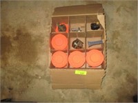Box w/misc old reels and clay pigeons