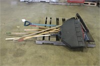 ASSORTED SNOW SHOVELS AND GARDEN TOOLS