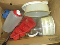 Box w/plastic items and grilling utensils