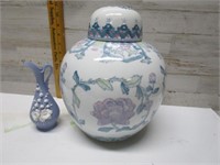 LARGE GINGER JAR & VASE - SMALL CHIP ON FLOWER