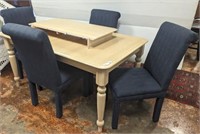DINING TABLE AND 4 UPHOLSTERED CHAIRS WITH LEAF