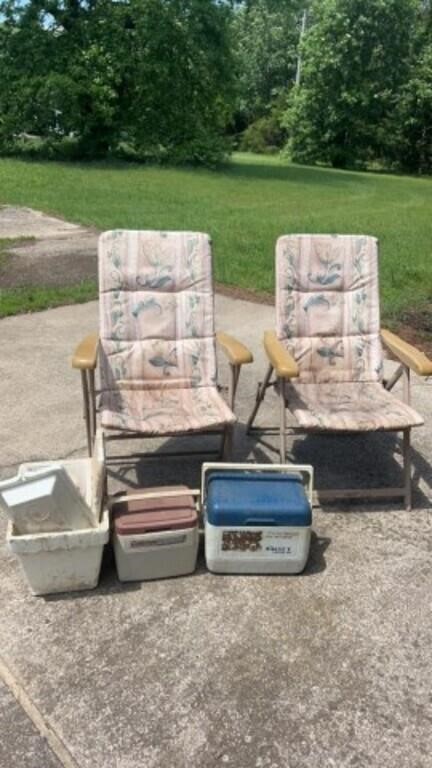 2 outdoor patio chairs, coolers