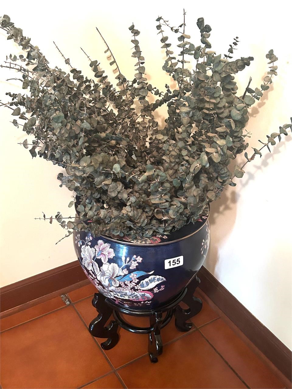 Large Oriental FIsh Bowl on Stand w Eucalyptus