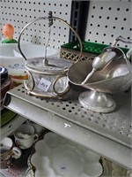 2 silverplate sugar bowls and green bowl