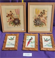 5 FRAMED VTG. FEATHER ART PIECES