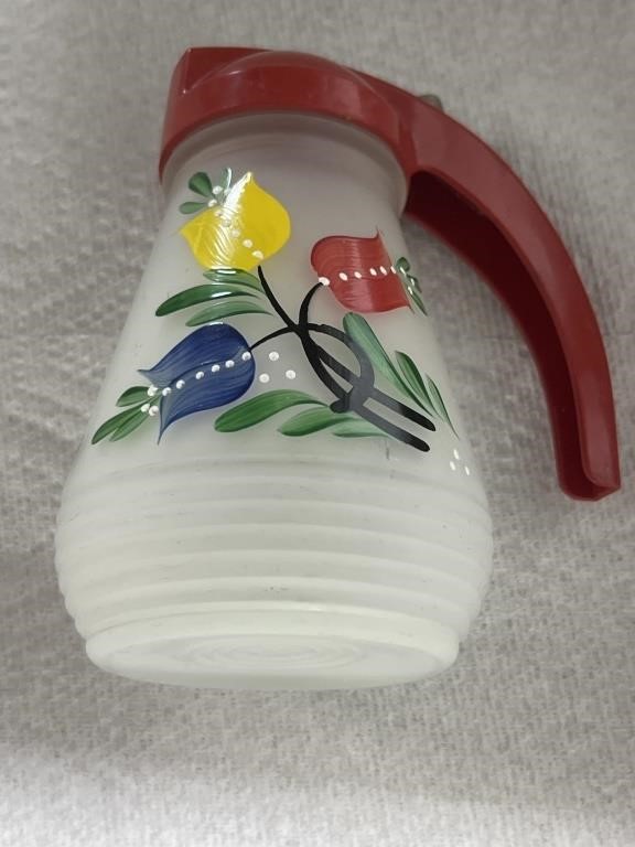 Vintage painted tulips satin glass syrup bottle