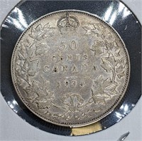 1934 Canadian Silver 50-Cent Half Dollar Coin