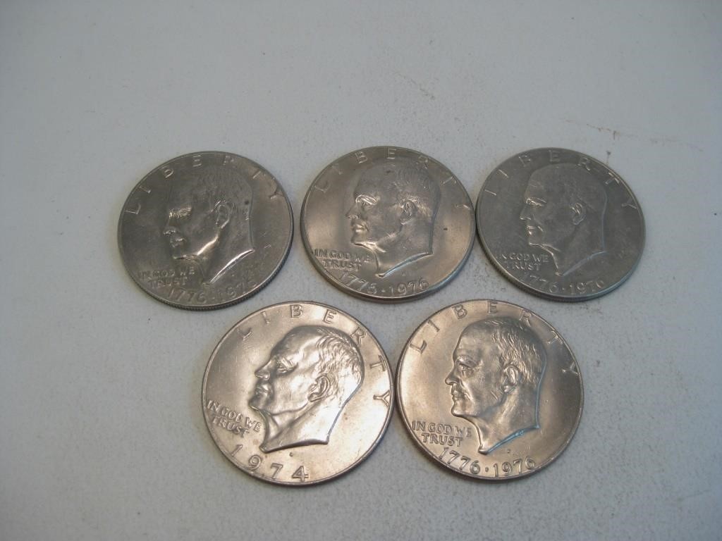 Five Assorted Date Clad Eisenhower Dollars