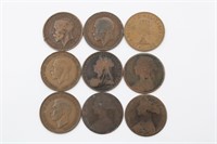 Lot (9) Old British Copper One Cent  Coins