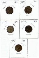 (5) Indian Head Cent Lot 1860,1880,1881,1882,1883