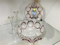 CUT CRYSTAL WITH RED BOWL, PLATE & GLASS