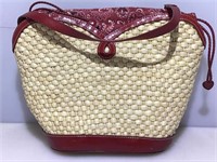 Brighton Straw And Red Leather Drawstring Handbag