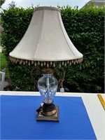 Patterned Glass & Brass lamp w/Ivory Beaded Shade