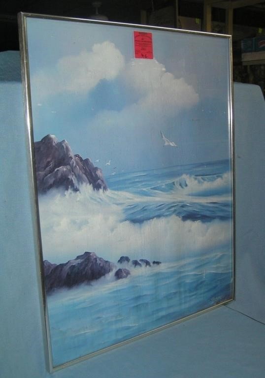 Framed aluminum and glass ocean scene art work