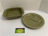 Green Longaberger sectioned plate and loaf pan
