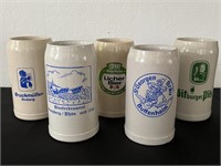 5 German Lg. Stoneware Beer Mugs Steins 
Liecher