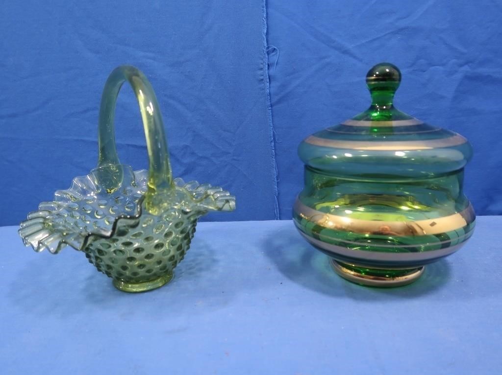 Green Hobnail Glass Basket, MCM Green Glass Candy