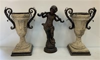 Pair of Composite Urns & Figurine of Boy