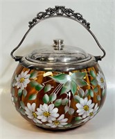 LOVELY 1800'S HAND PAINTED AMBER GLASS BISCUIT JAR