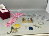 brass trinket box w/ mardi gras style jewelry