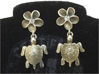Sea Turtle Sterling Dangle Earrings with Clear