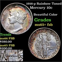 1916-p Rainbow Toned Mercury 10c Grades GEM+ FSB