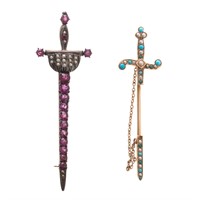 A Pair of Gemstone Sword Brooches in Gold