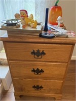 Wooden Nightstand with contents on top