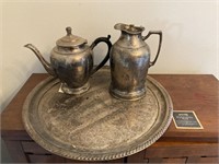 Antique Silver Plate Tray, Coffee & Tea Pots