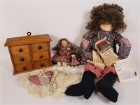 Wood spice cabinet, dolls and hearts