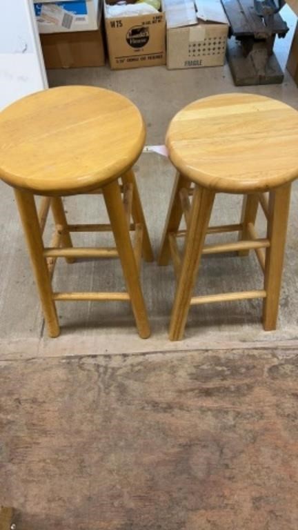 TWO WOODEN ROUND SEAT BAR STOOLS