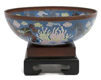 CHINESE CLOISONNE ENAMEL BOWL ON STAND, HORSES