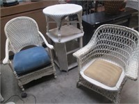 Two Wicker Arm Chairs, Two Wicker Side Tables