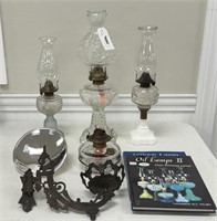 4 Antique Oil Lamps & Reference Book