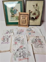 1916 ALMANAC, FRAMED ART (2), VTG WEEKDAY LINENS