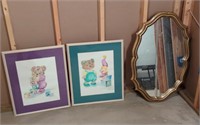 Framed mirror and 2 framed juvinile prints