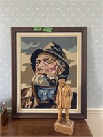 Wood carving and needlepoint framed picture