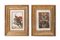 PAIR OF ANTIQUE PAINTINGS ON PAPER IN GILT FRAMES
