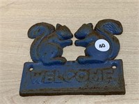 Small Cast Iron Blue Squirrels Welcome Sign
