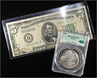 1880 MORGAN DOLLAR & 1928B $5 FED RES NOTE