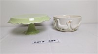 VINTAGE PEDISTAL SPRING GREEN CAKE PLATE AND SERVI