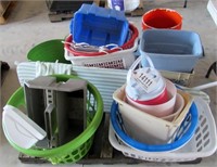 pallet with buckets, crates, baskets & more