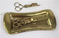 BRASS CANDLE WICK TRIMMERS AND TRAY