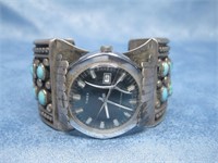 Vtg Sterling Silver & Turquoise Men's Watch Cuff