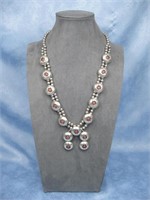 Vtg Nickel Silver & Coral Squash Blossom Necklace